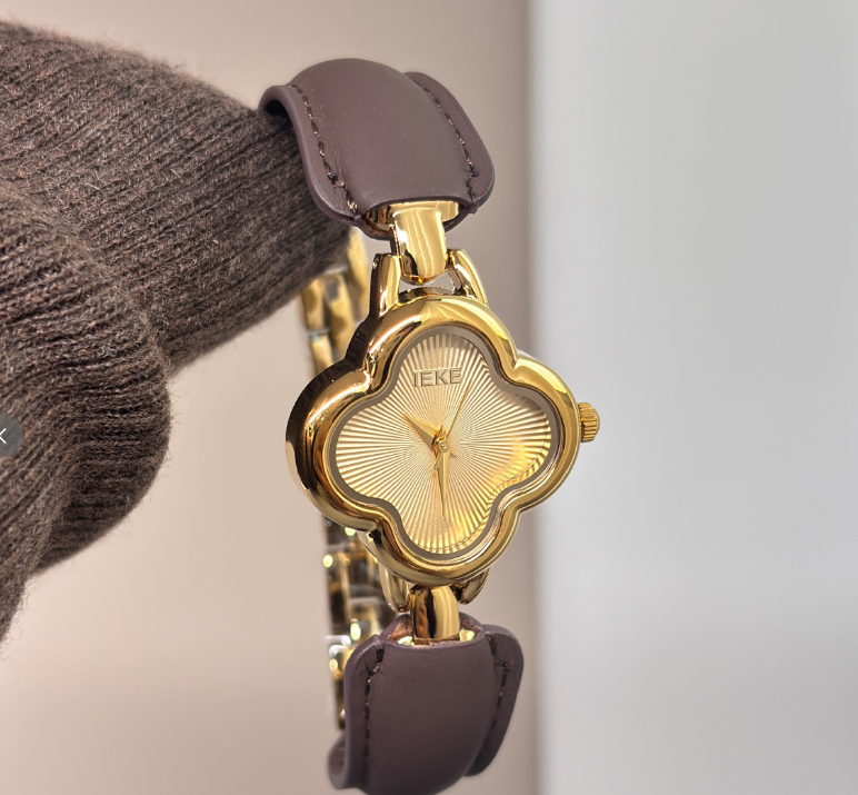 Vintage Red Leather Watch, Clover Bangle Style Quartz Wristwatch