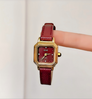 Vintage Burgundy Square Women's Watch, French Light Luxury Wristwatch