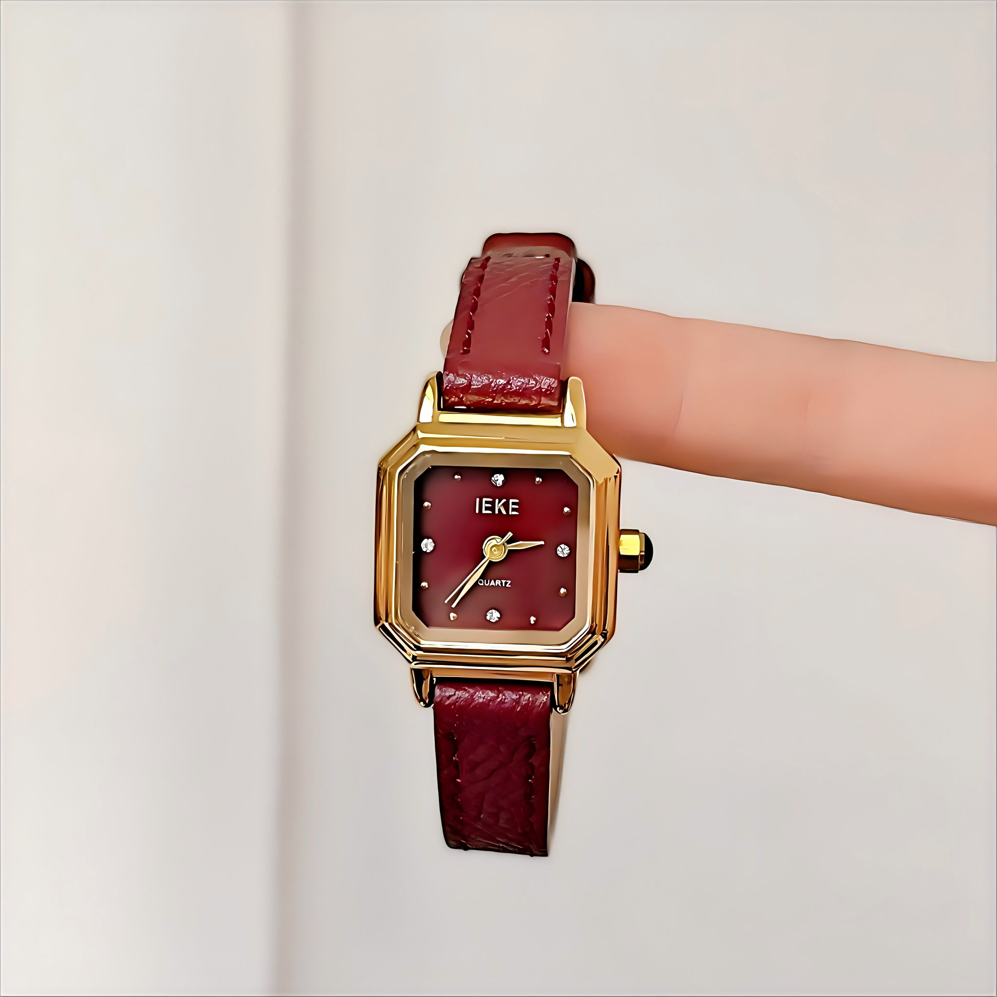 Vintage Burgundy Square Women’s Watch, French Light Luxury Wristwatch